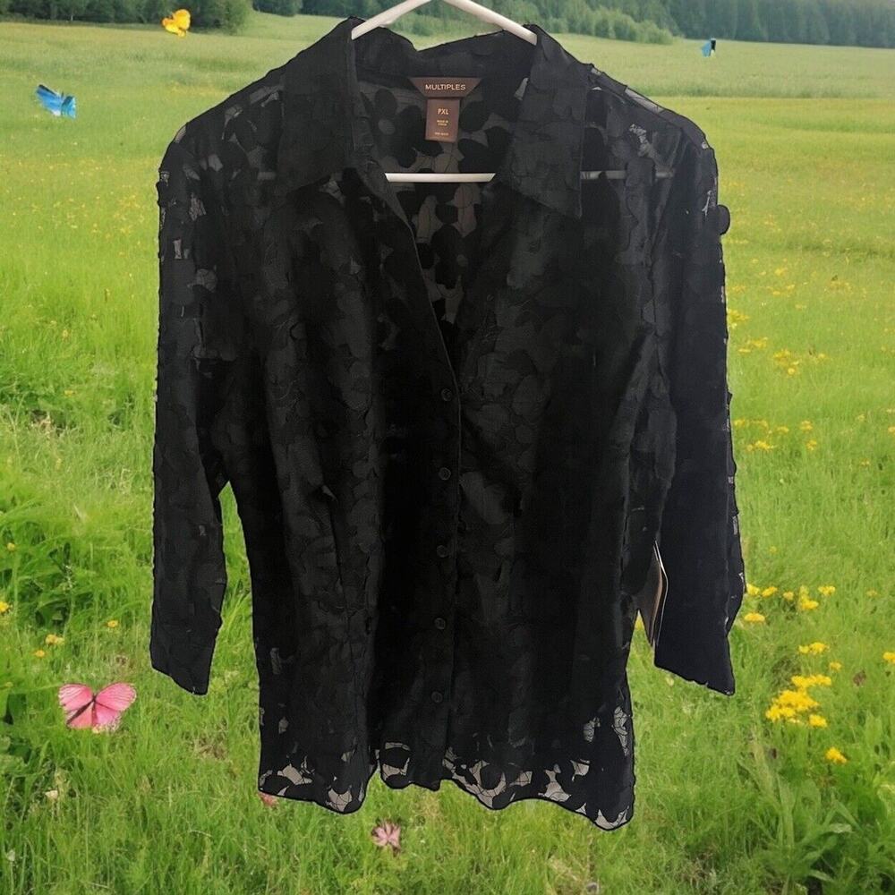 Multiples Top‎ Floral Cut Out Size PXL Black Sheer Button Down 3/4 Sleeve NWT